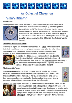 Preview of Hope Diamond - An Object of Obsession - Information Report - Reading