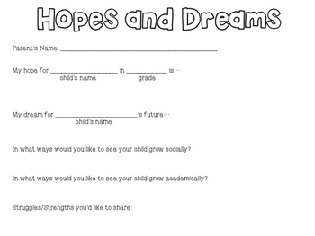 Preview of Hopes and Dreams Parent Form