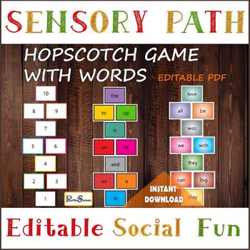 Preview of Editable Hopscotch game with WORDS & NUMBERS, Floor Sensory Path, Vocabulary