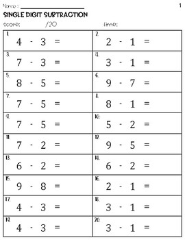 Horizontal Single Digit Subtraction Worksheets by Owl School Studio