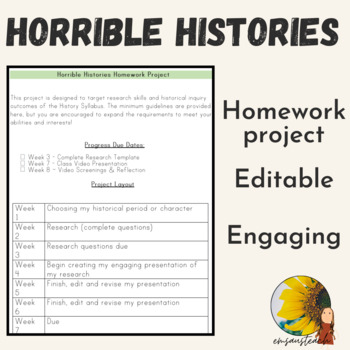 Preview of Editable Horrible Histories Homework Research Project for Stage 2, 3 or 4