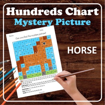 Preview of Horse Animal Farm Hundreds Chart Mystery Pictures Color by Number Place Value