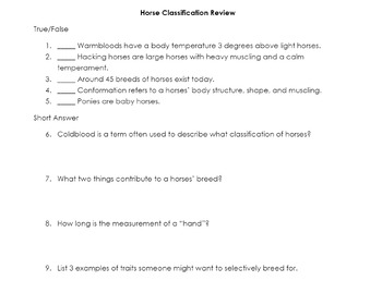 Preview of Horse Breed & Classifications Review (4H, FFA, Equine Science, Agriscience)