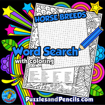 Preview of Horse Breeds Word Search Puzzle Activity Page with Coloring | Horses