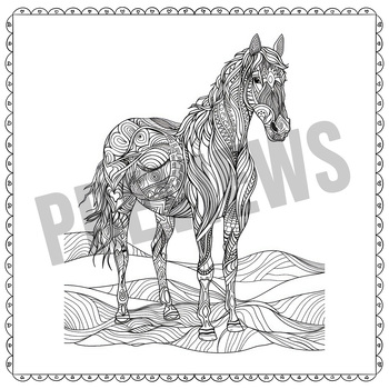 Preview of Horse with Mandala Zentangle Coloring, Mindful Relaxing Meditation Kids Adults