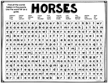 Preview of Horses, Freebie,  Word Search, Vocabulary, Science