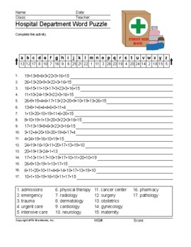 Preview of Hospital Departments Word Search Worksheet and Vocabulary Puzzle Printables