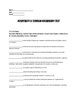 Preview of Hospitality & Tourism Unit: Vocabulary Terms and Test