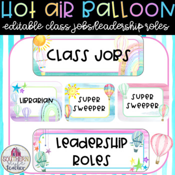 Preview of Hot Air Balloon Watercolor Classroom Theme Editable Class Jobs/Leadership Roles