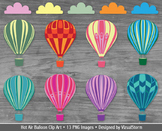Hot Air Balloon Clip Art, 8 Colorful Balloons and 4 Cloud 