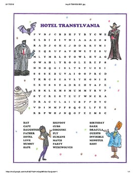 Preview of Hotel Transylvania Movie Word Search Puzzle