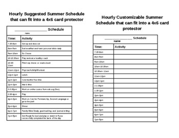 Preview of Hourly Summer Schedule for Students or Campers that fits a 4x6 card protector