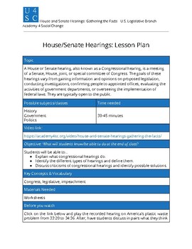 Preview of House/Senate Hearings Lesson Plan and Video