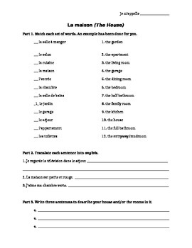 Preview of French House Vocabulary Worksheet