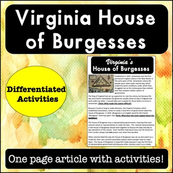 Preview of House of Burgesses Reading Passage and Activities