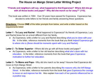 Preview of House on Mango Street Characterization letter (Editable)