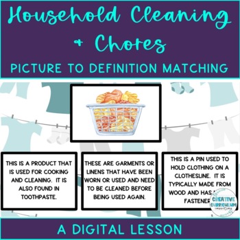Preview of Household Chore/Cleaning Vocabulary Image To Definition Matching Digital Lesson