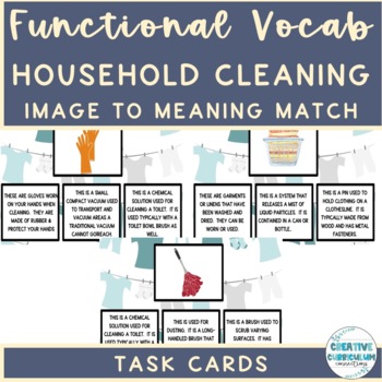 Preview of Household Chore/Cleaning Vocabulary Image To Definition Matching Task Cards