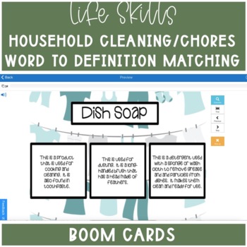 Preview of Household Chore/Cleaning Vocabulary Word To Definition Matching Boom Cards