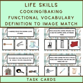 Preview of Cooking/Baking Functional Vocabulary Definition To Image Match Task Cards 2