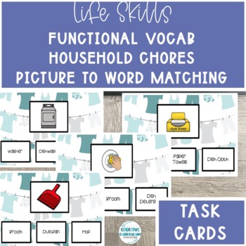 Preview of Household Chores/Cleaning Vocabulary Image To Word Matching Task Cards