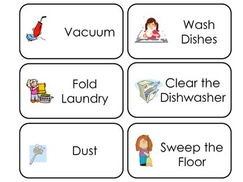 Preview of Household Chores Printable Picture and Word Preschool Flash Cards.