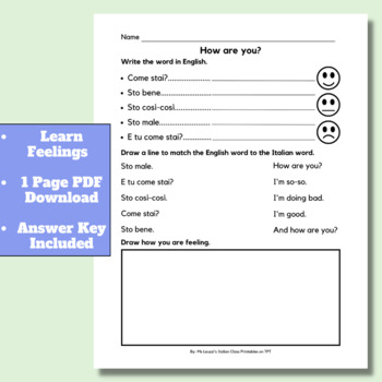 How Are You?, Come Stai?, Italian Worksheet for Kids