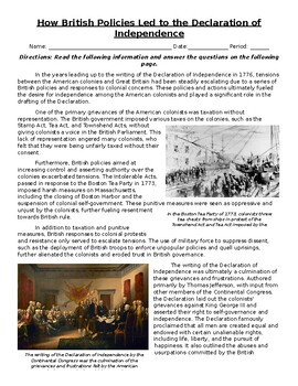 Preview of How British Policies Led to the Declaration of Independence: Text & Questions