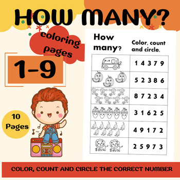 Preview of How Many? Color, count and circle the correct number (Numbers 1-9)