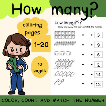 Preview of How Many? Color, count and match the correct number (Numbers 1-20) cute cartoon