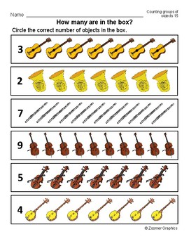 How Many? Counting Groups of Objects (Musical Instruments) Activity Sheets