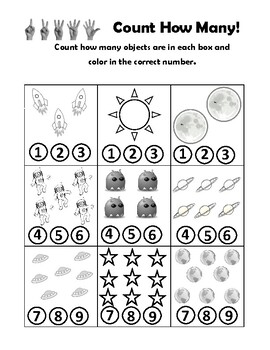Preview of How Many Counting Worksheet Space Theme