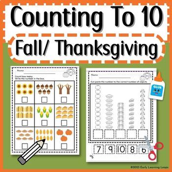 Preview of How Many? Numbers to 10 Count/Write/Cut & Paste Fall/Thanksgiving Worksheets