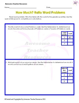 Preview of How Much? Ratio Word Problems Worksheet #1