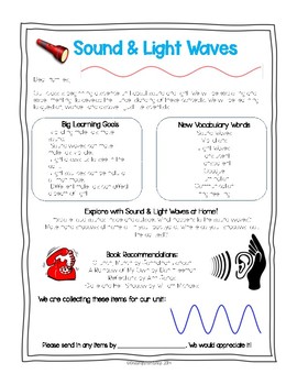 1st grade ngss physical science parent family letter introduce light sound