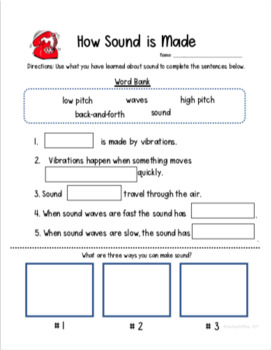 Preview of How Sound is Made Vibrations Worksheet 1st Grade Science NGSS Aligned (1-PS4-1)