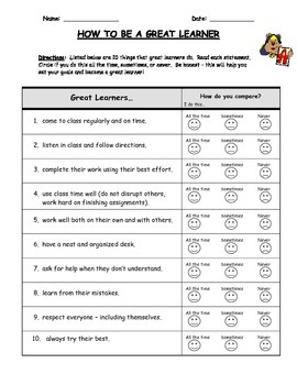 Preview of HOW TO BE A GREAT LEARNER (Elementary School) - Self-Assessment and Goal Setting