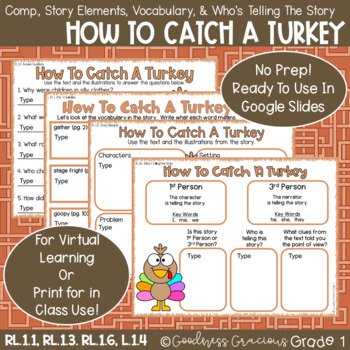 Preview of How To Catch A Turkey Comp., Story Elements, Who's Telling The Story & Vocab