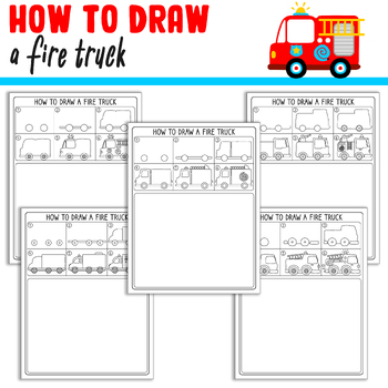 Preview of How To Draw a Fire Truck, Step by Step Tutorial, Includes 5 Coloring Pages