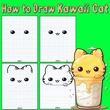 Preview of How To Draw kawaii Cat Step-By-Step Lesson Worksheet drawing for beginners