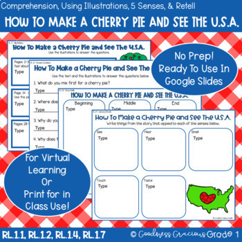 Preview of How To Make A Cherry Pie & See The USA Retell, Comp., 5 Senses & Illustrations