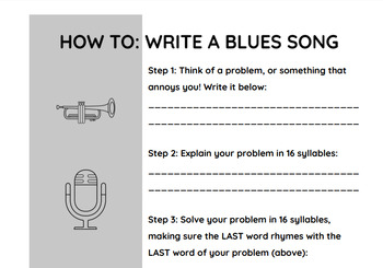 How To Write A Blues Song WORKSHEET (12-Bar-Blues Lyric Writing Activity)