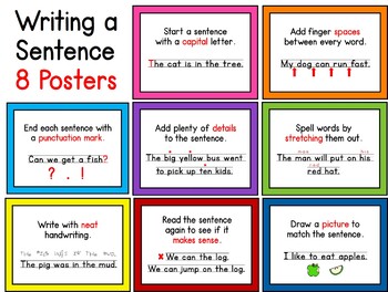 Preview of How To Write a Basic Sentence - 8 Solid Colors Bulletin Board Posters