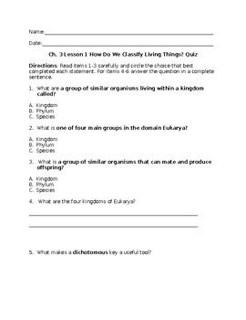 How Do We Classify Living Things Ch 3 Lesson 1 Quiz Tpt