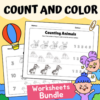 Preview of How many? : Count and Color Numbers to 5 & 10 / Kindergarten Worksheets (Bundle)