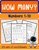 How many? Numbers 1 to 10 Count and Write Worksheets.