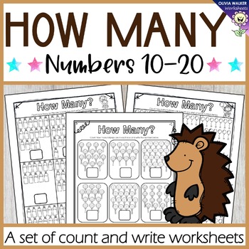 Preview of How many? Numbers 10 - 20, Ten to Twenty Count and Write Worksheets Kindergarten