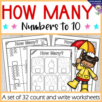 Preview of How many? Numbers to 10 Count and Write Worksheets / Printables, Kindergarten