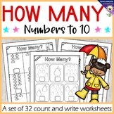 How many? Numbers to 10 (Ten) Count and Write Worksheets /