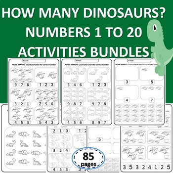 Preview of How many dinosaurs? bundle Numbers 1 to 20 counting  Printables Kindergarten